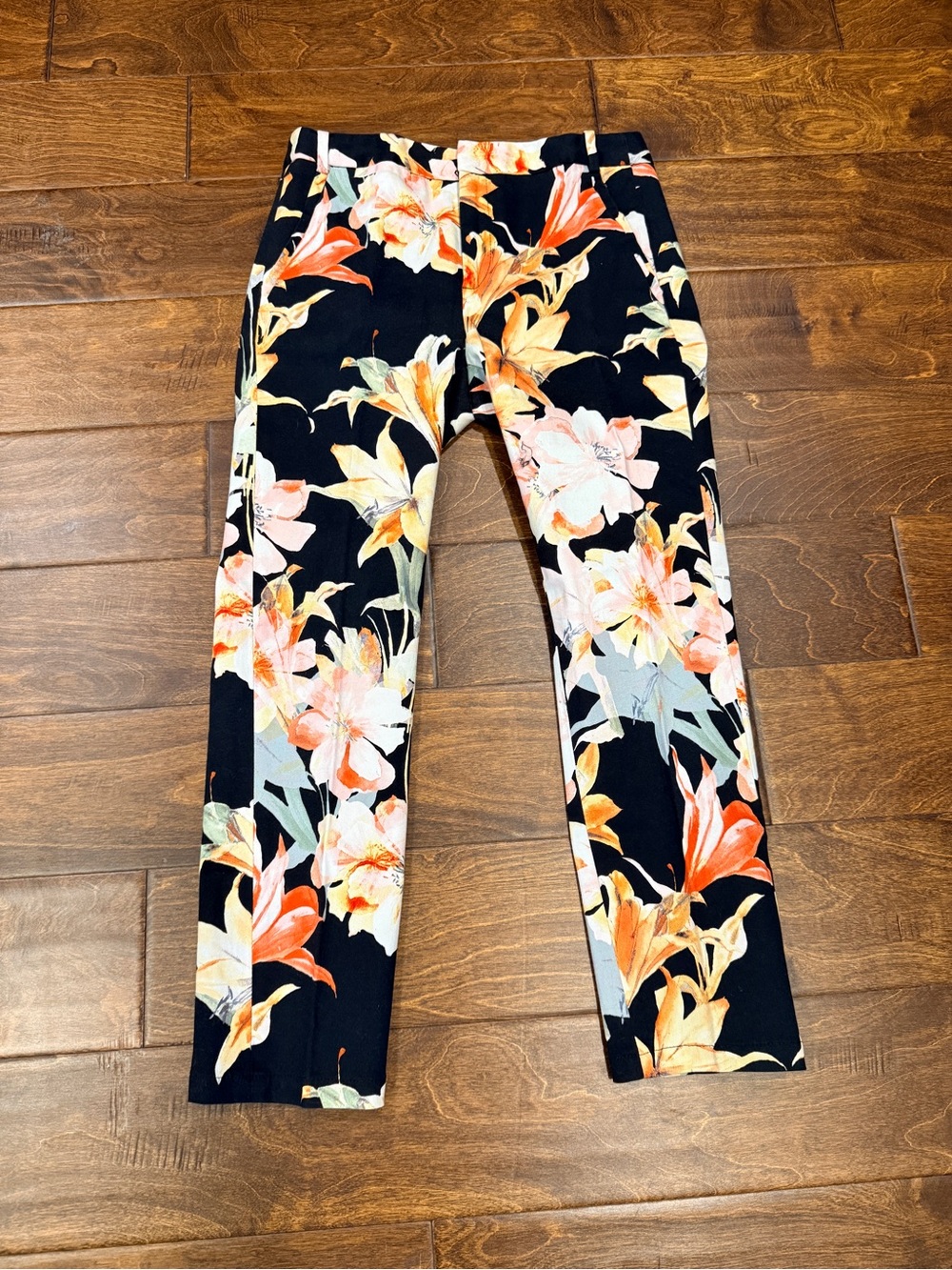 Floral Slim Ankle Pants - Black with Orange & Cream Blooms